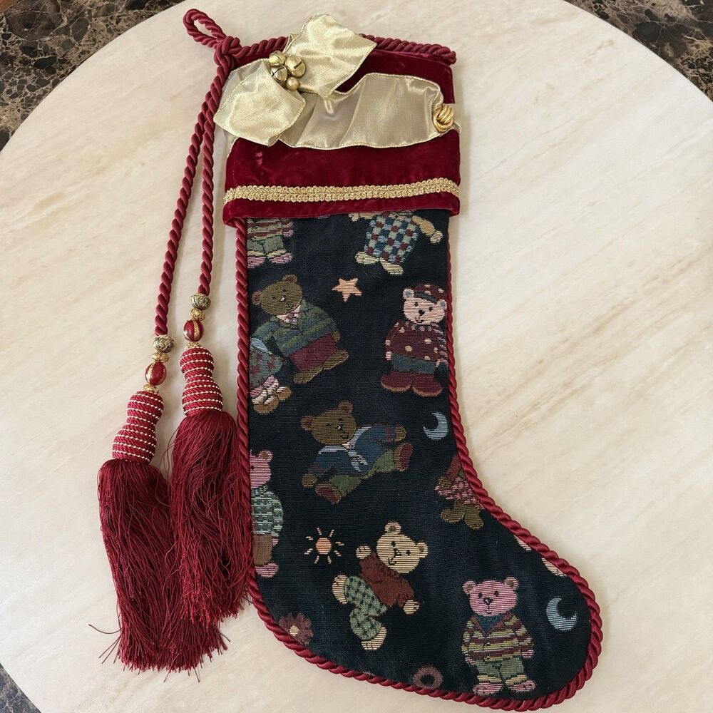 VTG Joi Ellis Victorian Christmas Stocking Velvet Tapestry Teddy Bear Tassel 23"